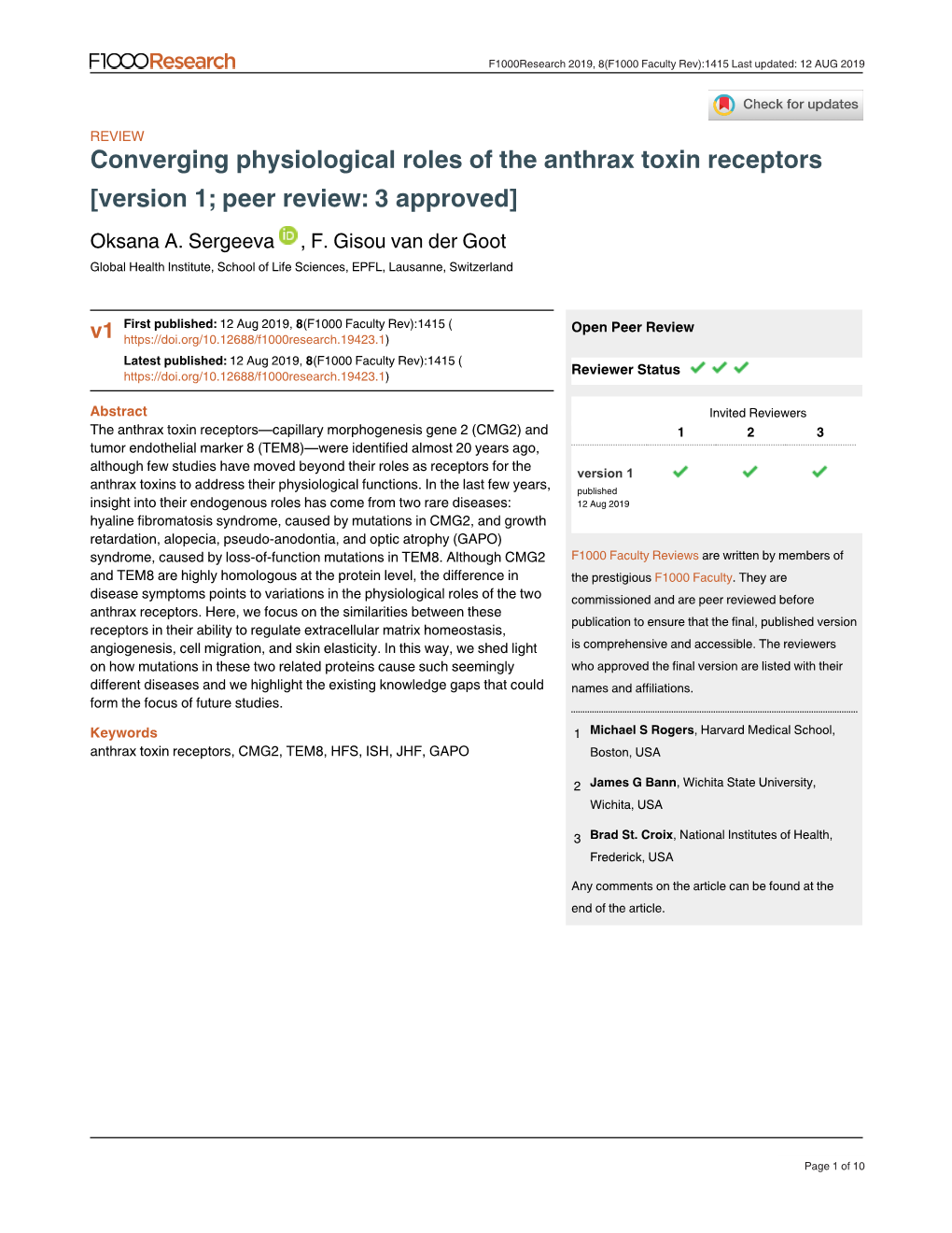 Converging Physiological Roles of the Anthrax Toxin Receptors [Version 1; Peer Review: 3 Approved] Oksana A