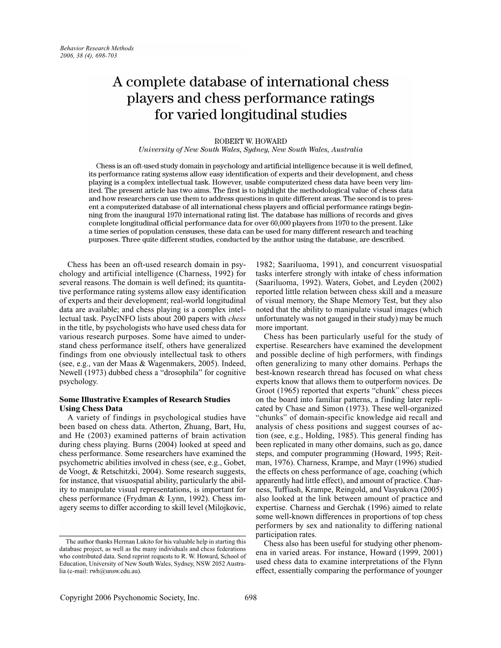 A Complete Database of International Chess Players and Chess Performance Ratings for Varied Longitudinal Studies