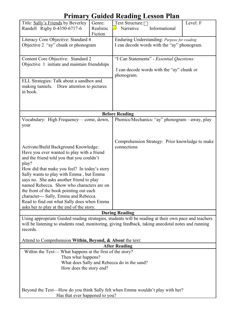 Primary Guided Reading Lesson Plan s11