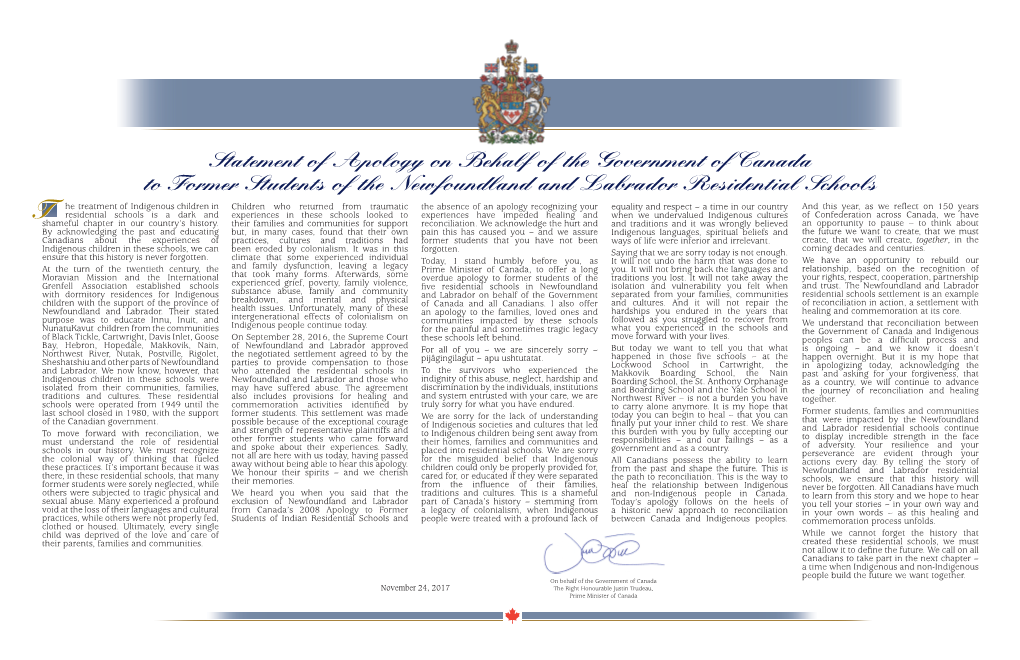 Statement of Apology on Behalf of the Government of Canada to Former