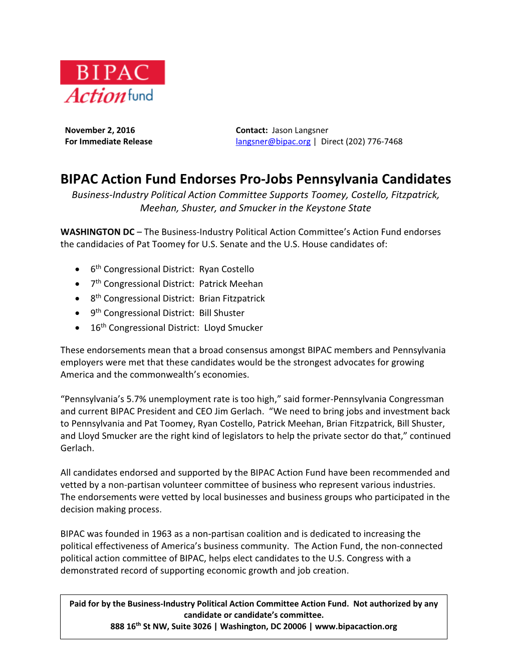 BIPAC Action Fund Endorses Pro-Jobs Pennsylvania Candidates