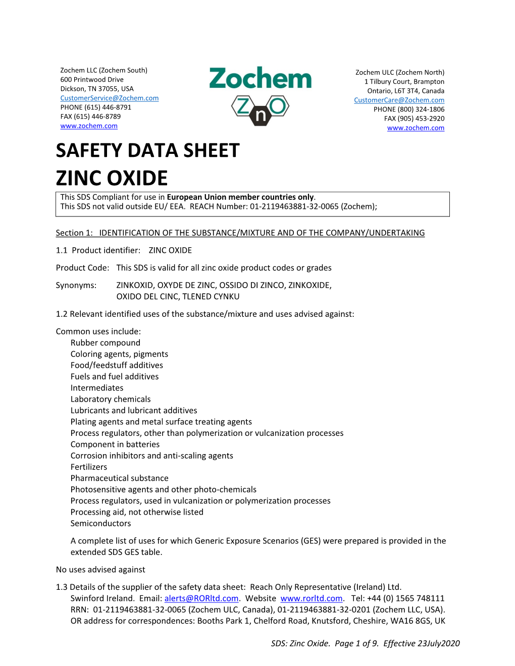 SDS Zinc Oxide, Valid in European Union Only
