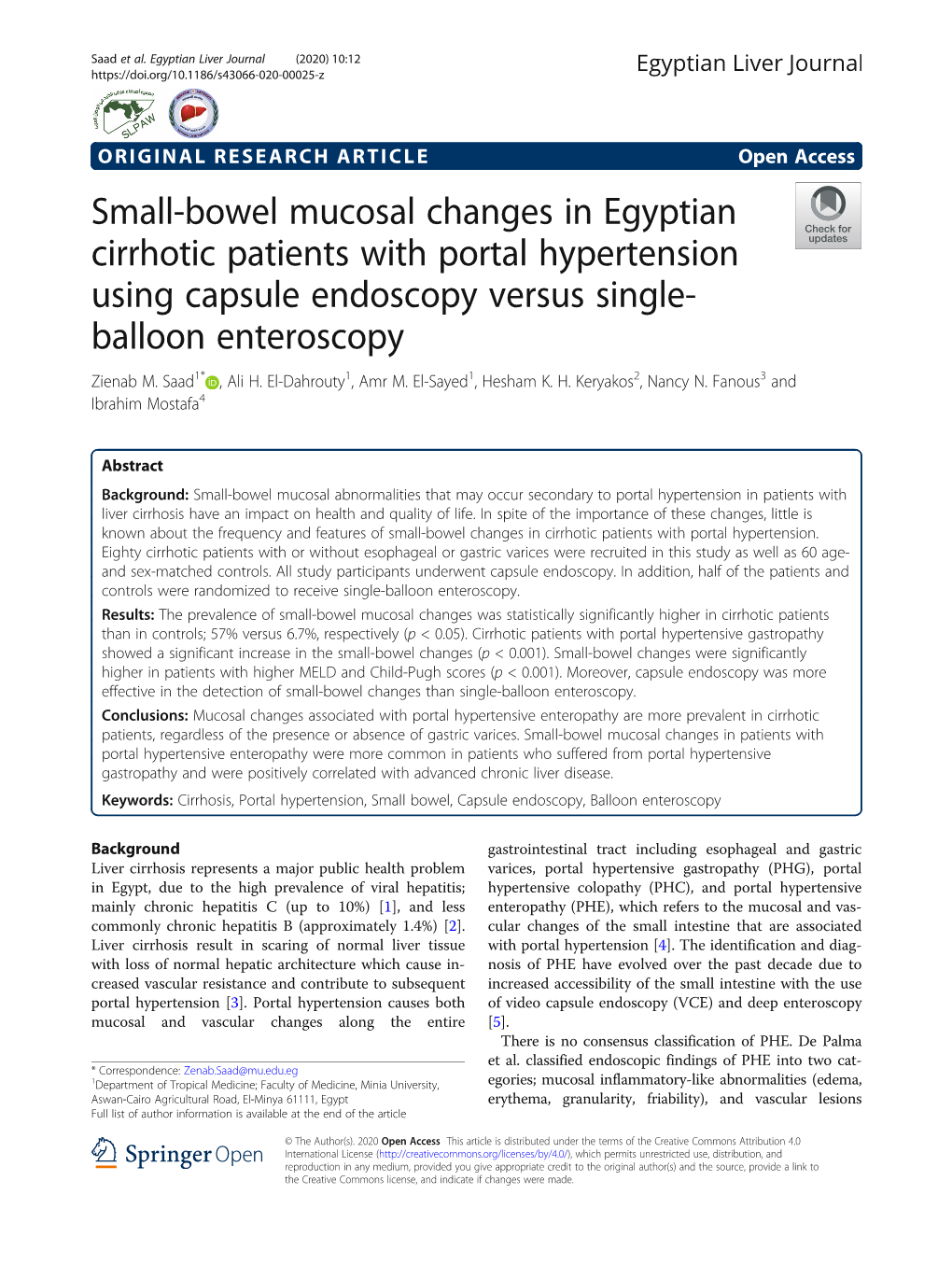 Small-Bowel Mucosal Changes in Egyptian Cirrhotic Patients with Portal Hypertension Using Capsule Endoscopy Versus Single- Balloon Enteroscopy Zienab M