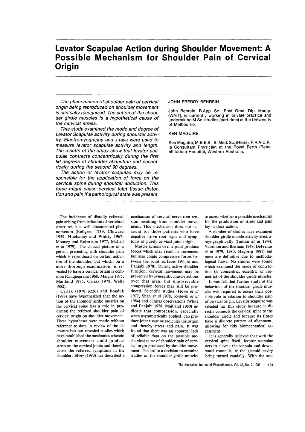 Levator Scapulae Action During Shoulder Movement: a Possible Mechanism for Shoulder Pain of Cervical Origin