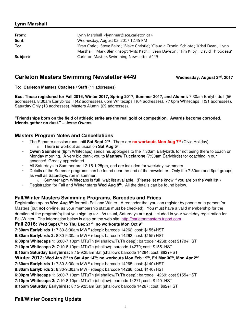 Carleton Masters Swimming Newsletter #449