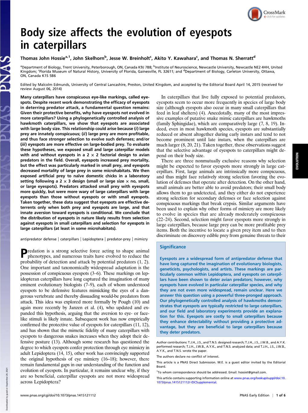 Body Size Affects the Evolution of Eyespots in Caterpillars