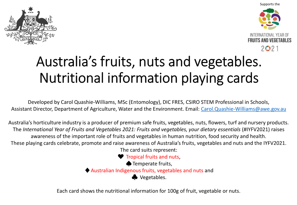 Australia's Fruits, Nuts and Vegetables. Nutritional Information Playing Cards