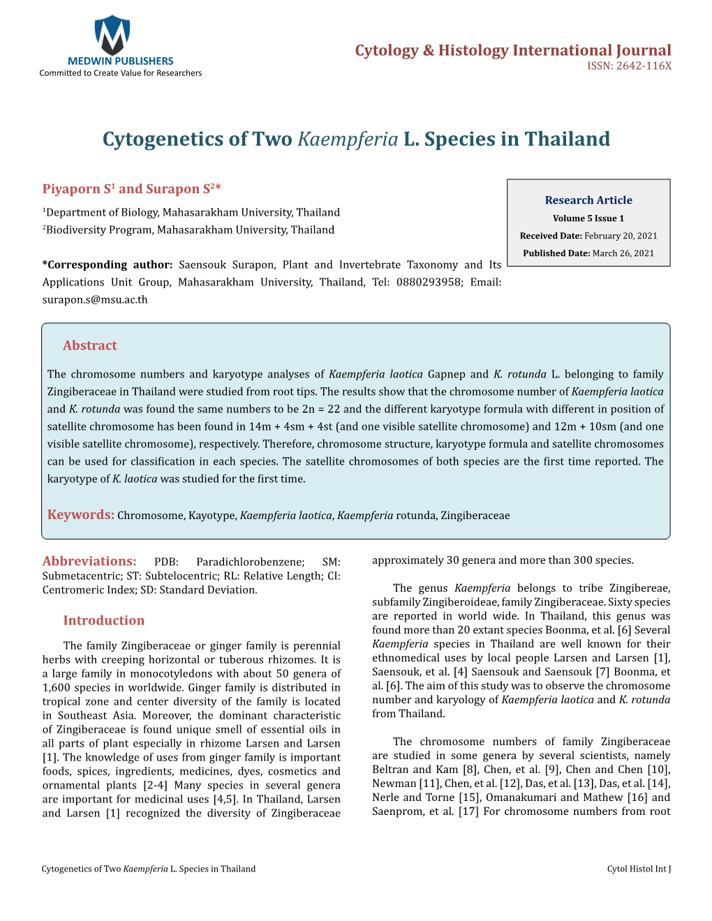 Cytogenetics of Two Kaempferia L. Species in Thailand