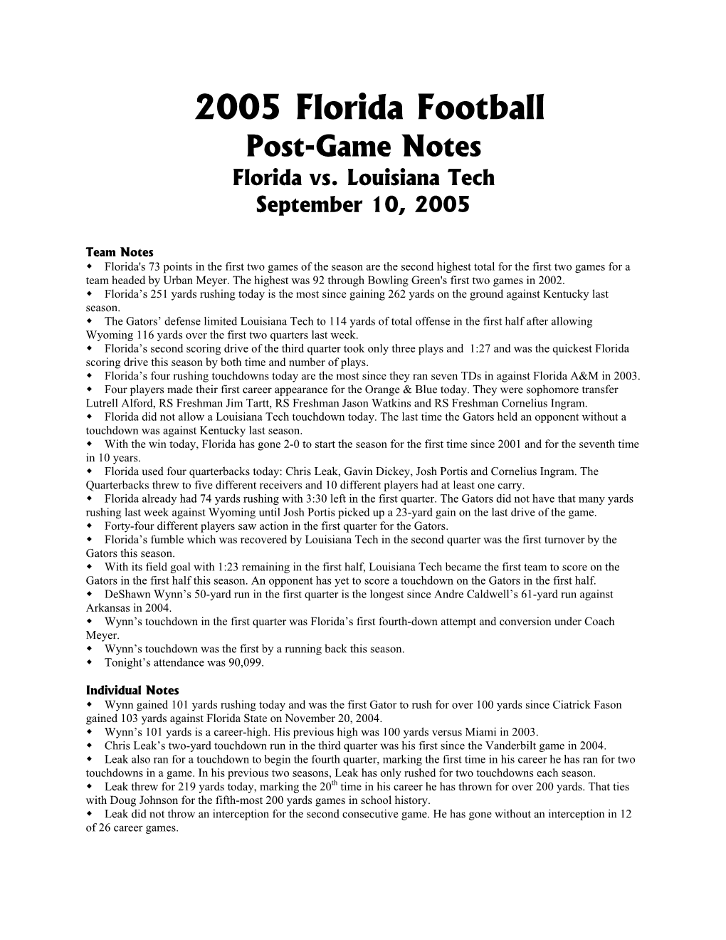 2005 Florida Football Post-Game Notes Florida Vs