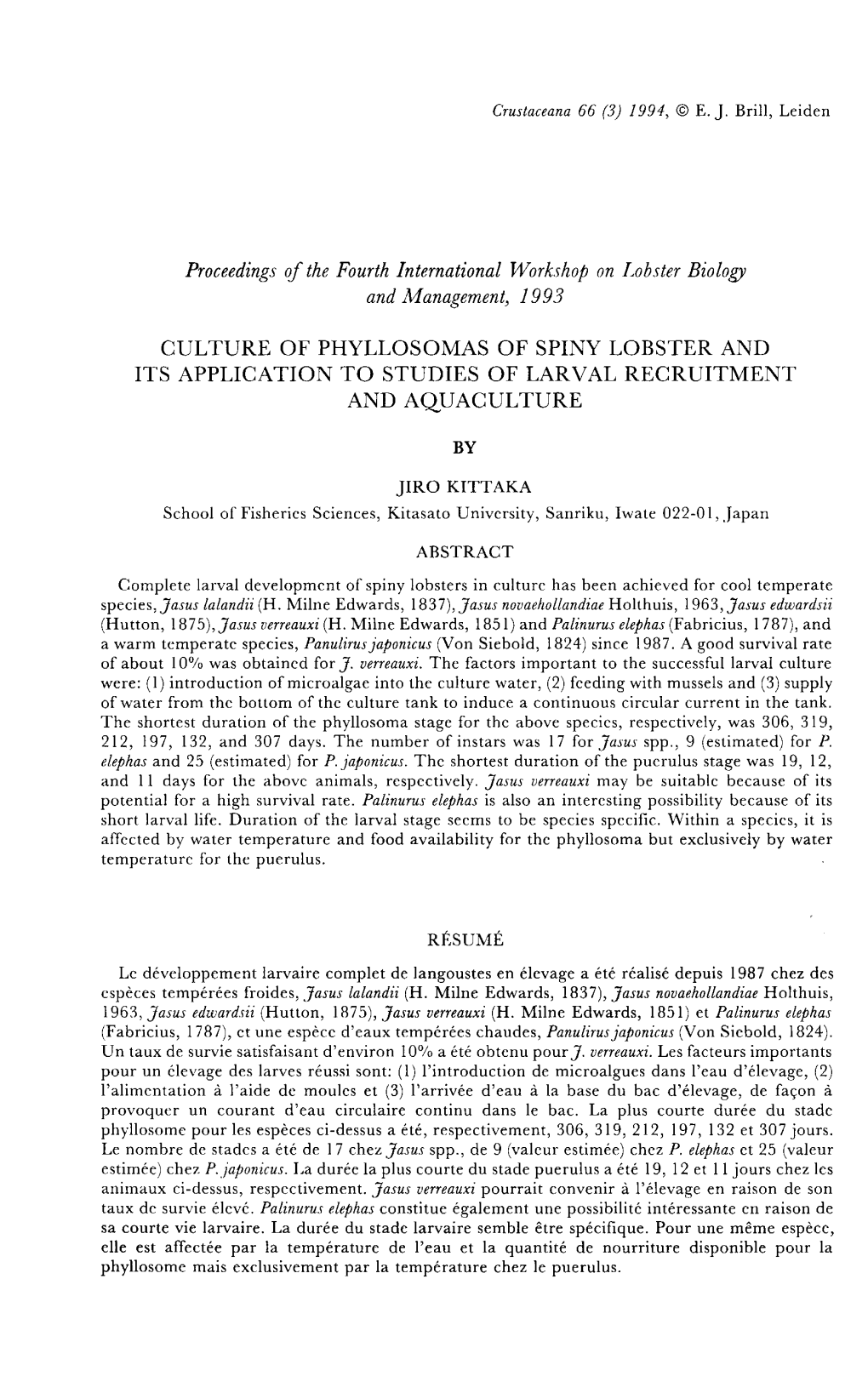 Proceedings of the Fourth International Workshop on Lobster Biology and Management, 1993