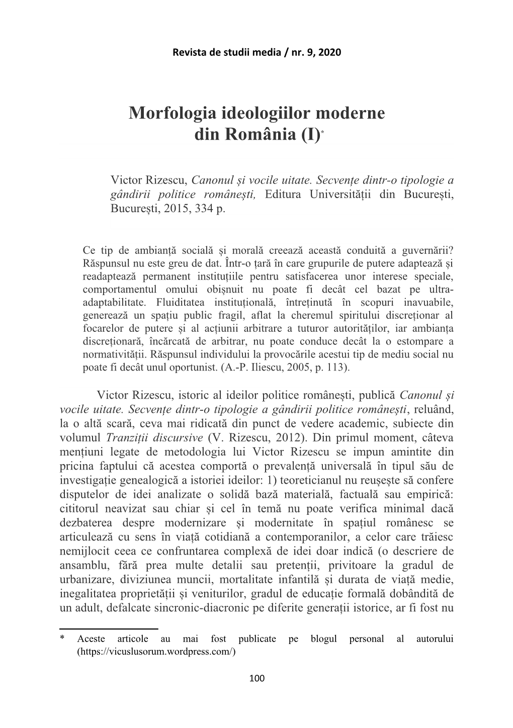 Morfologia Ideologiilor Moderne Din România (I)*