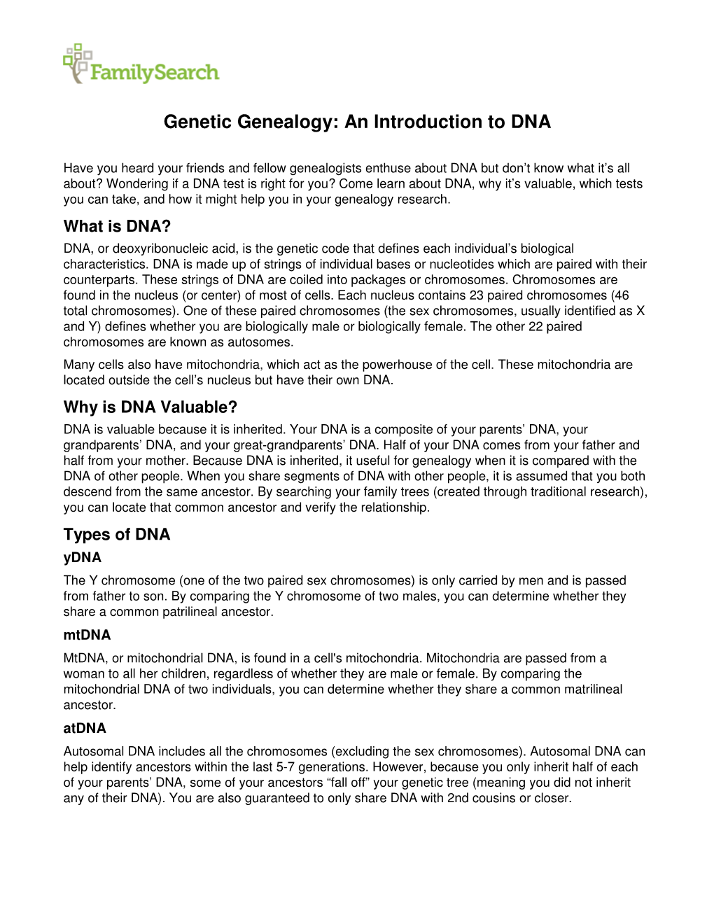 Genetic Genealogy: an Introduction to DNA