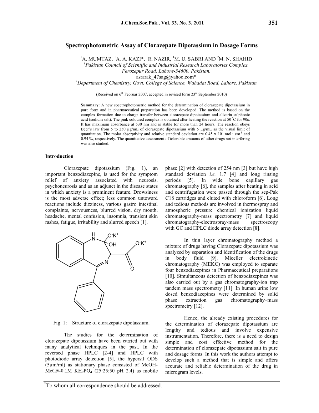 Spectrophotometric Assay of Clorazepate Dipotassium in Dosage Forms