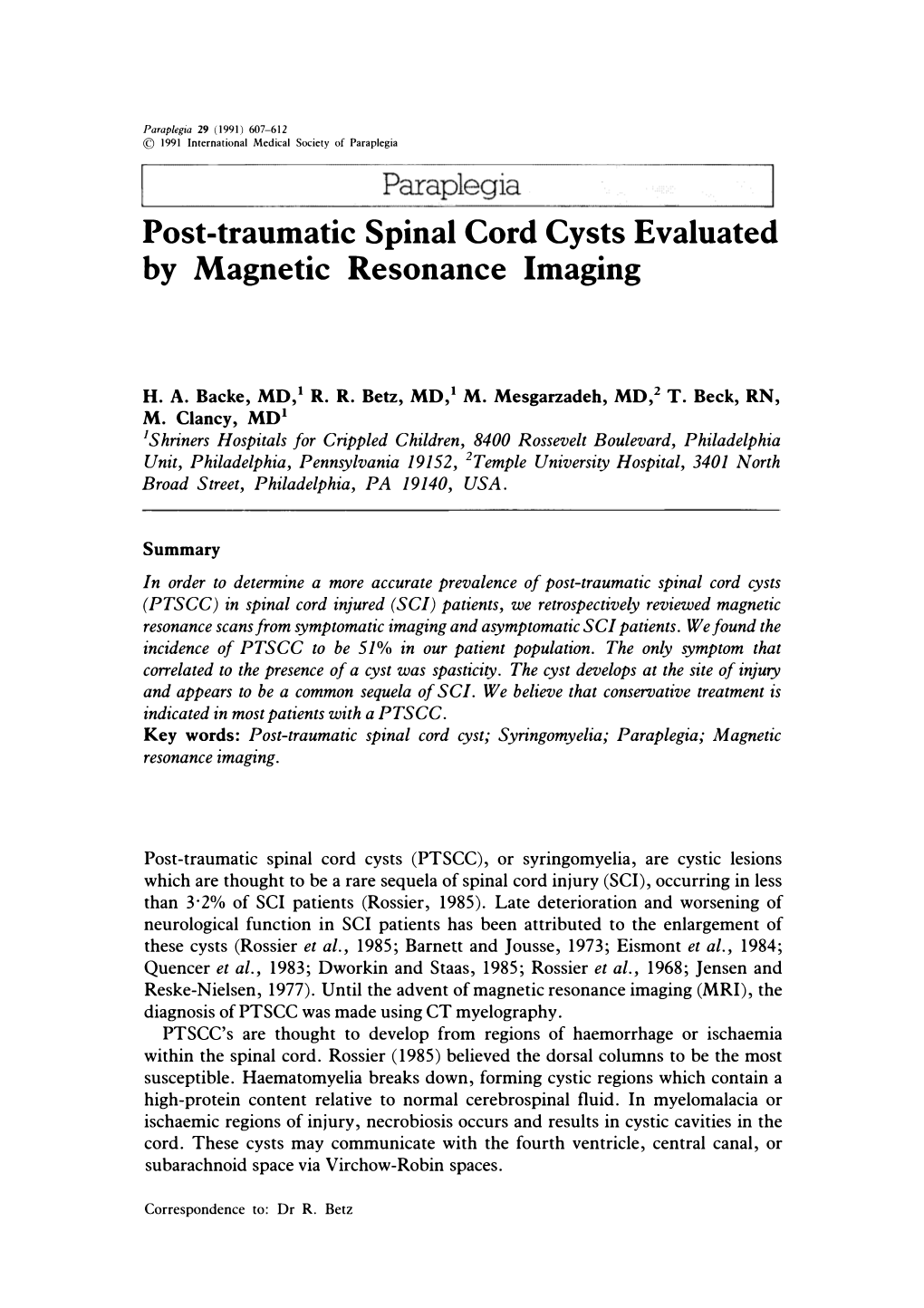 Post-Traumatic Spinal Cord Cysts Evaluated by Magnetic Resonance Imaging