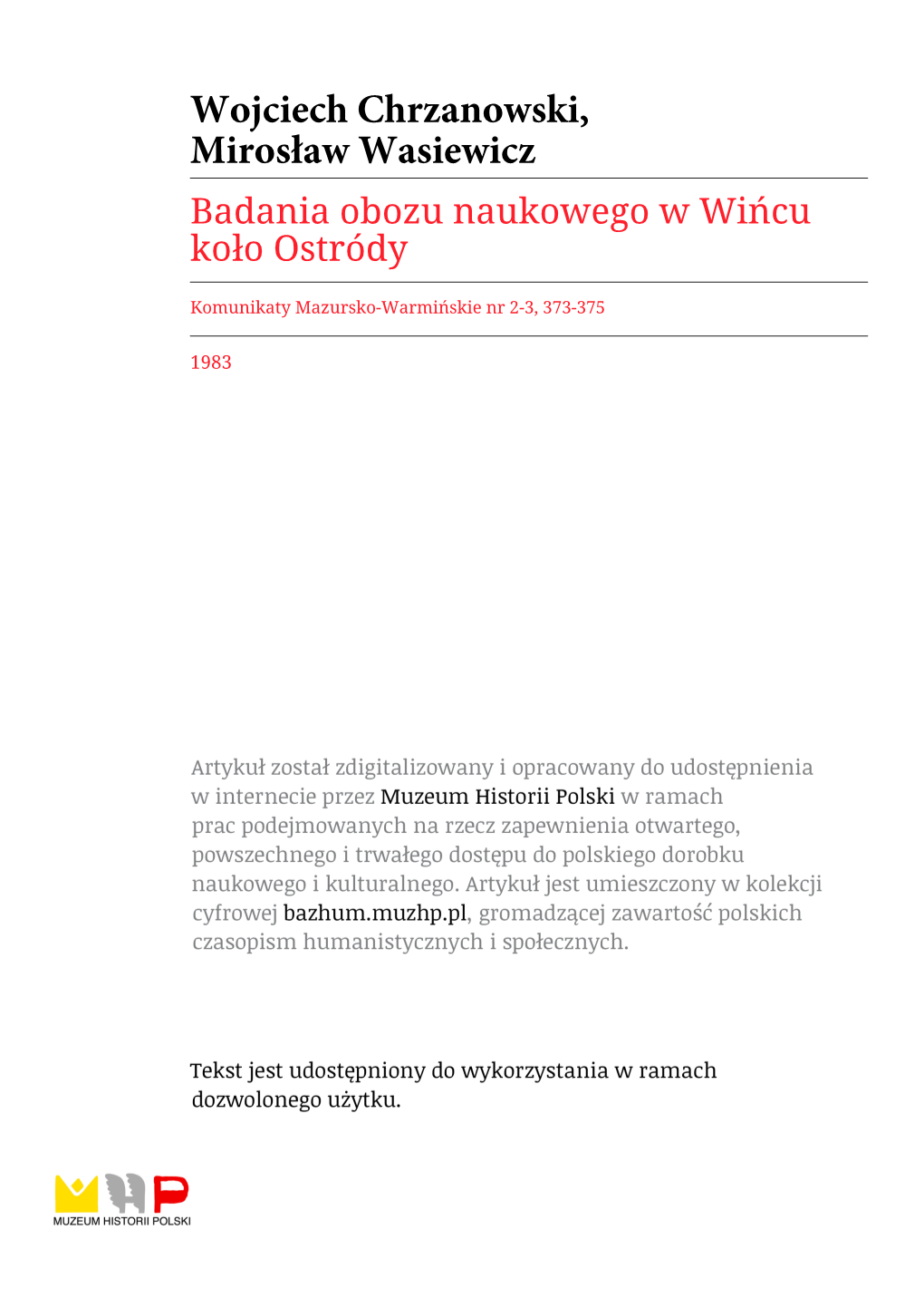 Wojciech Chrzanowski, Mirosław Wasiewicz Badania Obozu Naukowego W Wińcu Koło Ostródy