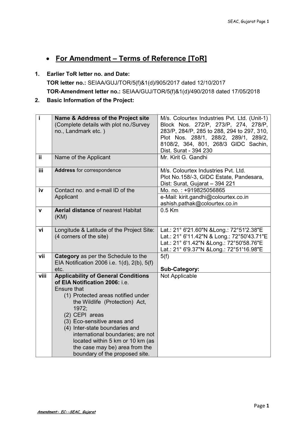 • for Amendment – Terms of Reference [Tor]