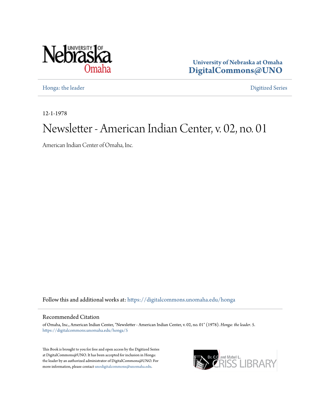 American Indian Center, V. 02, No. 01 American Indian Center of Omaha, Inc