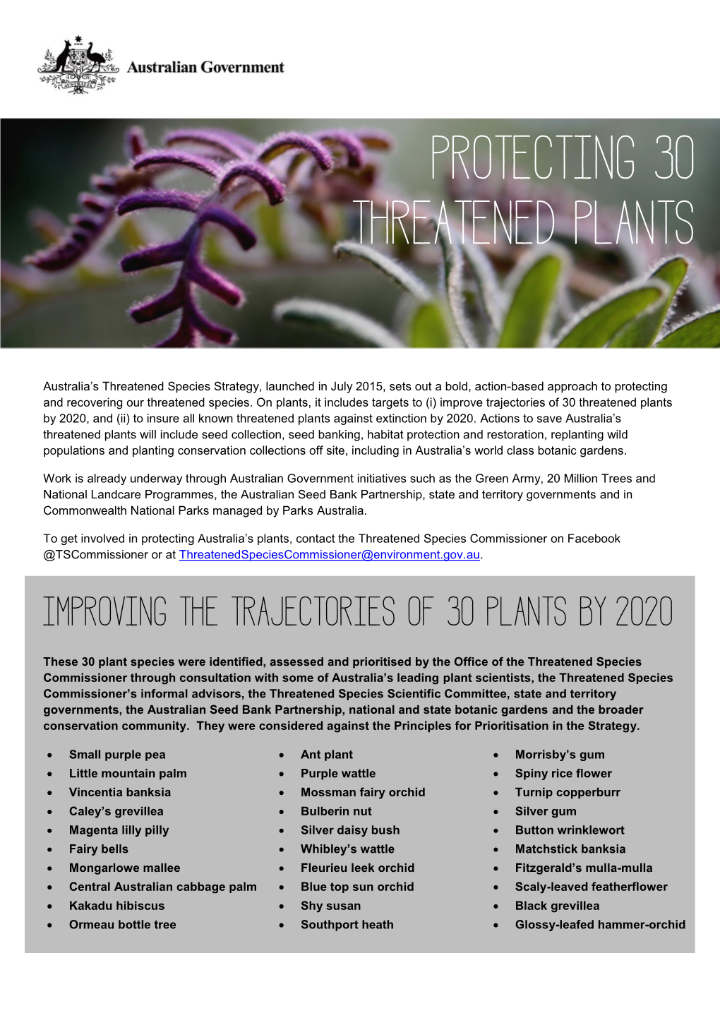 Improving the Trajectories of 30 Plants by 2020 Threatened Species Strategy