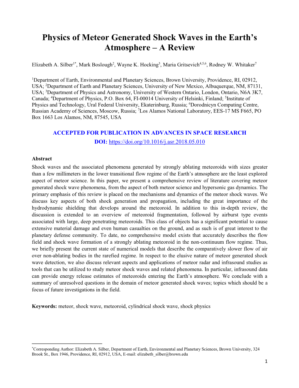 Physics of Meteor Generated Shock Waves in the Earth's Atmosphere