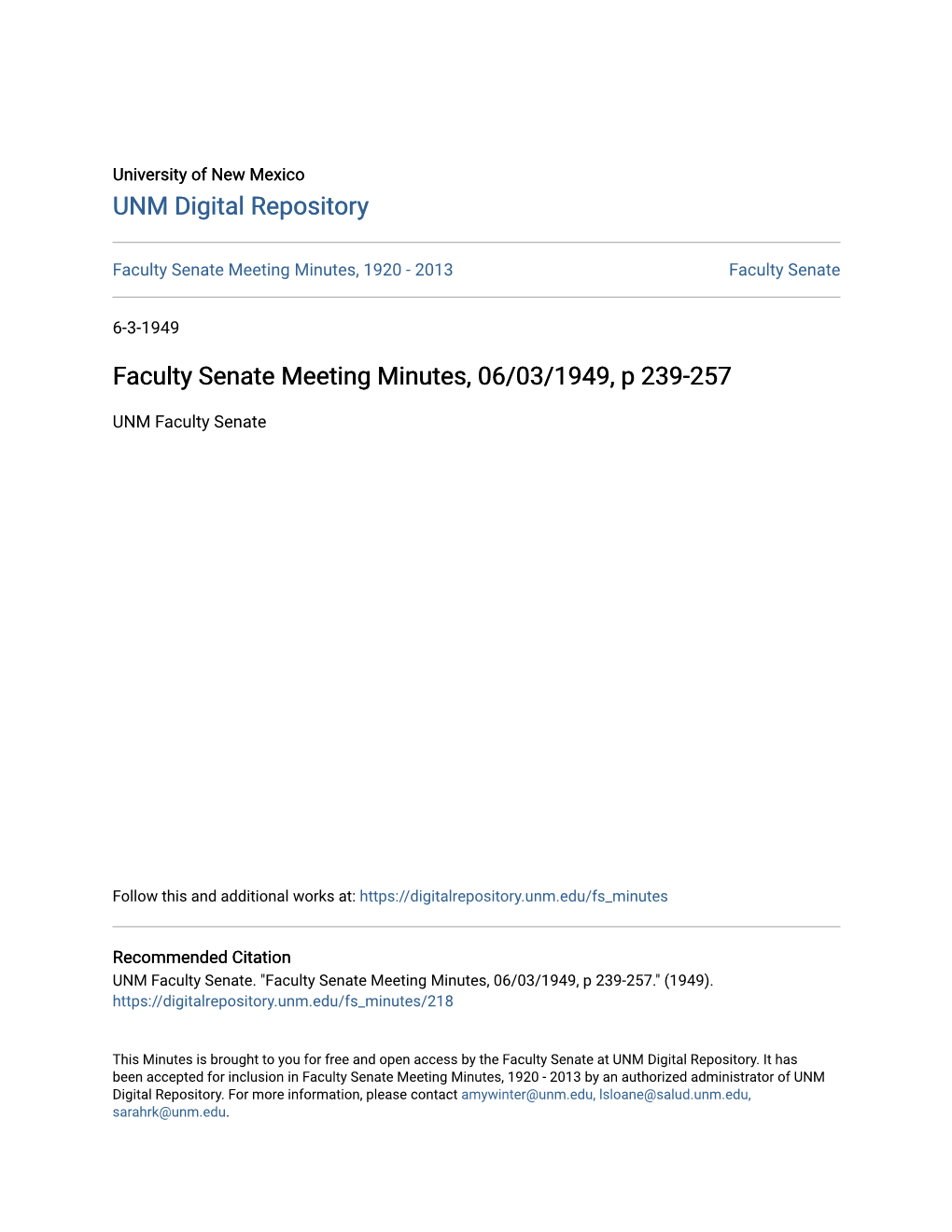 Faculty Senate Meeting Minutes, 06/03/1949, P 239-257