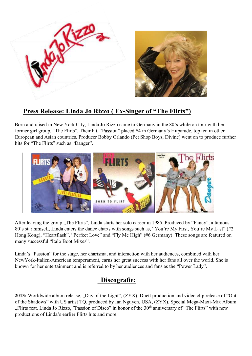 Press Release: Linda Jo Rizzo ( Ex-Singer of “The Flirts”) Discografie