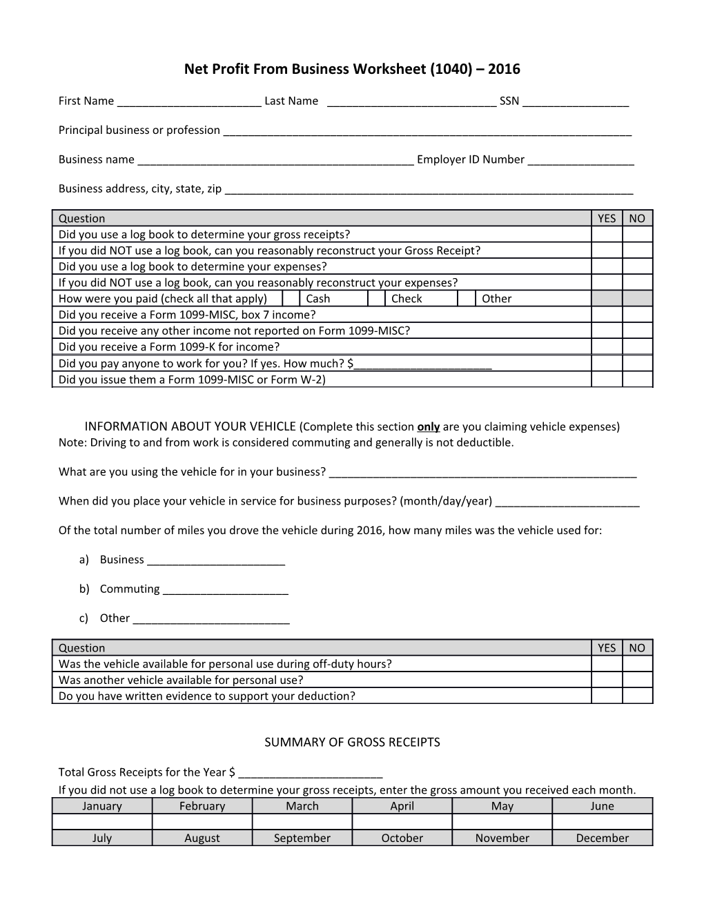 Net Profit from Business Worksheet (1040) 2016