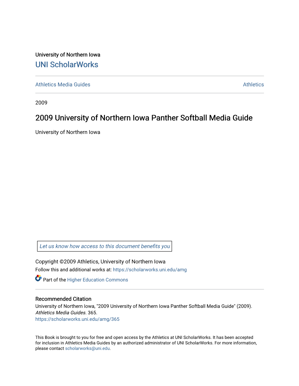 2009 University of Northern Iowa Panther Softball Media Guide