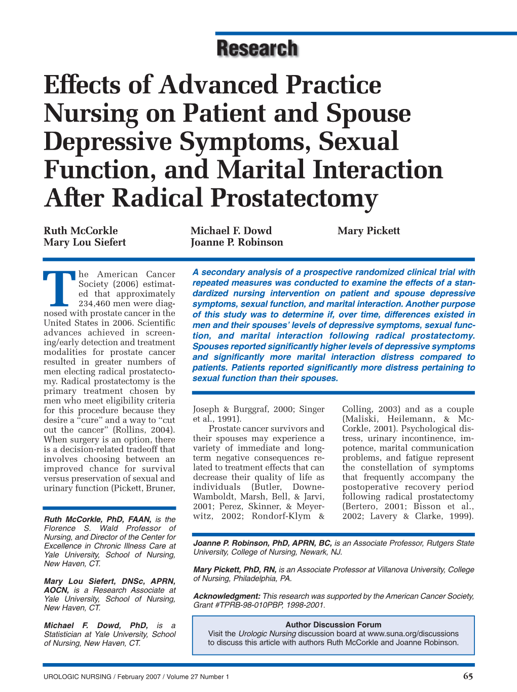 Effects of Advanced Practice Nursing on Patient and Spouse Depressive Symptoms, Sexual Function, and Marital Interaction After Radical Prostatectomy