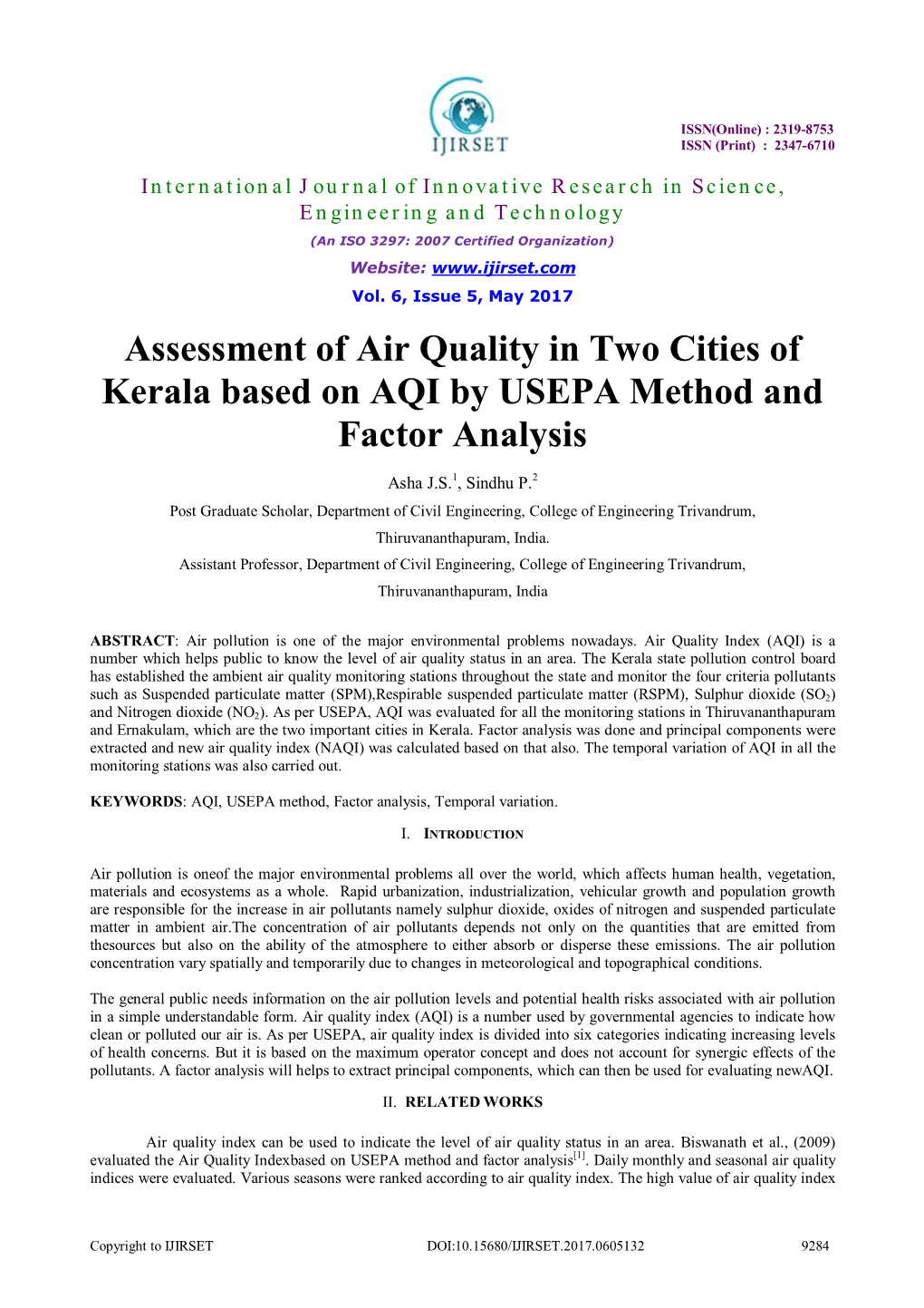 Assessment of Air Quality in Two Cities of Kerala Based on AQI by USEPA Method and Factor Analysis