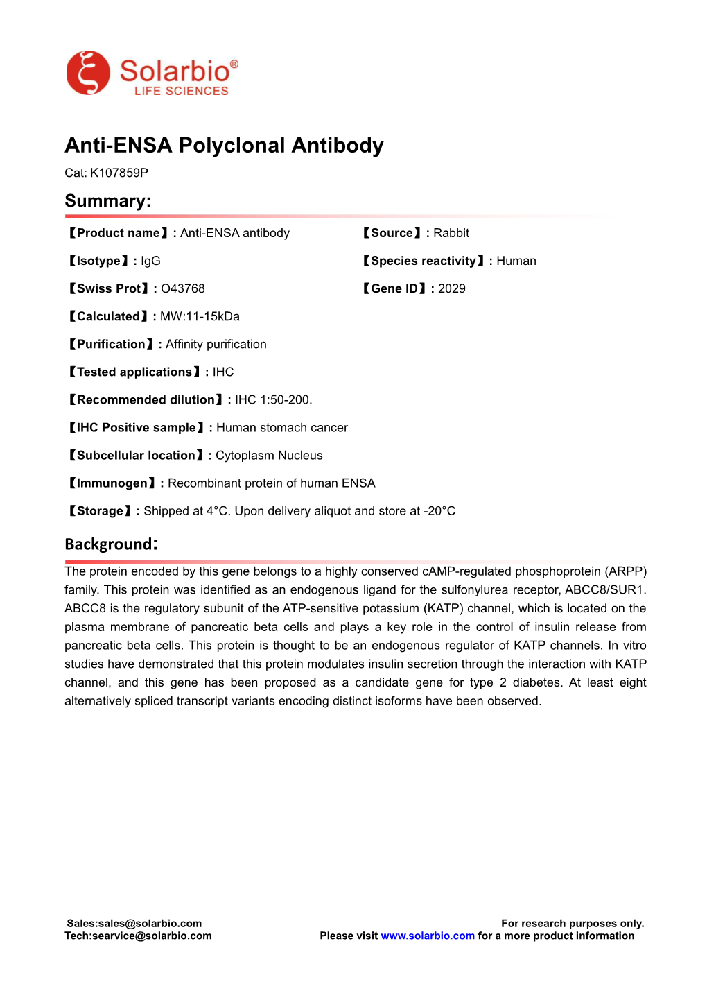 Anti-ENSA Polyclonal Antibody Cat: K107859P Summary