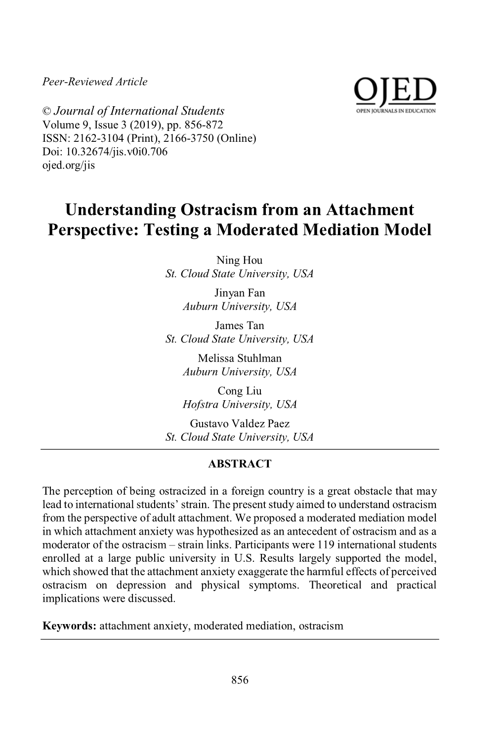 Understanding Ostracism from an Attachment Perspective: Testing a Moderated Mediation Model