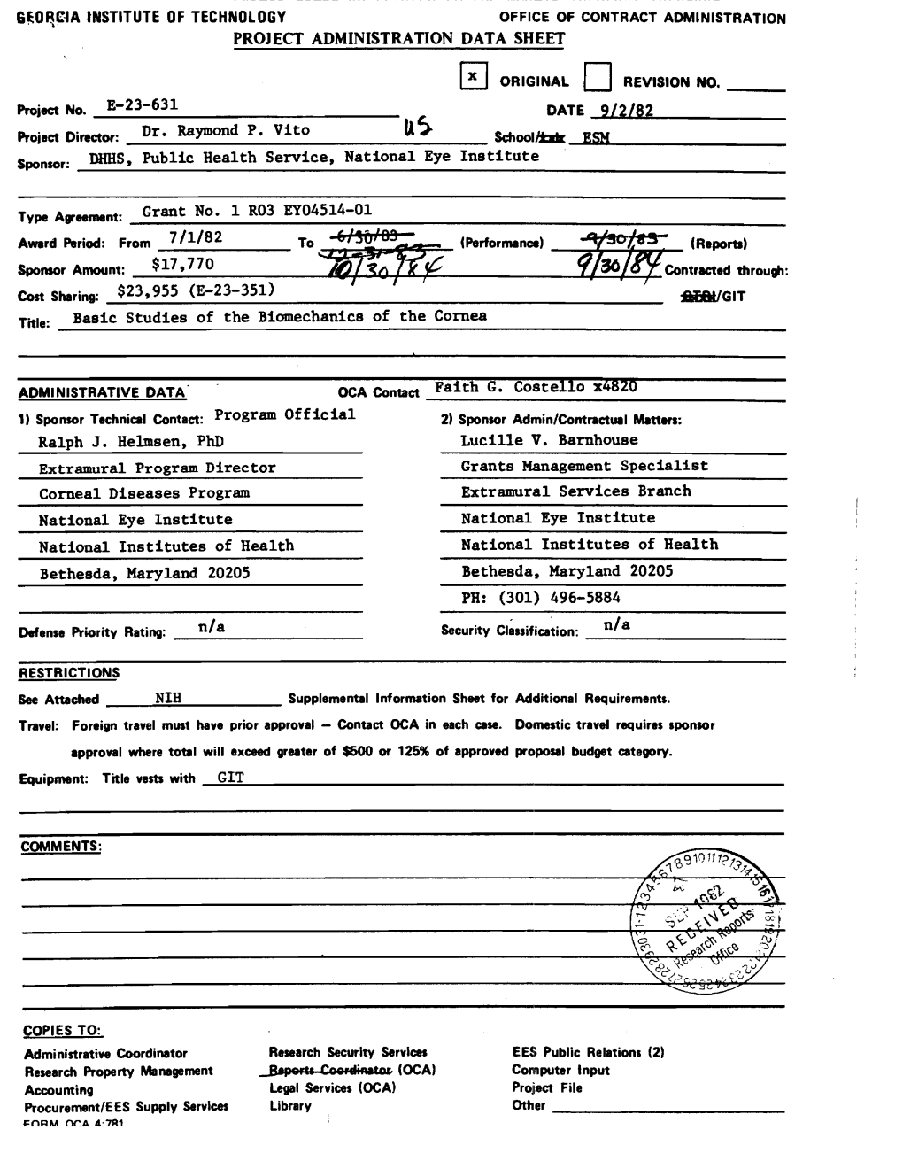 PROJECT ADMINISTRATION DATA SHEET DATE 9/2/82 DHHS, Public Health Service, National Eye Institute Basic Studies of the Biomechan