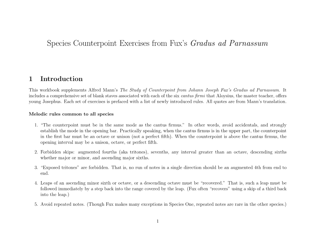 Species Counterpoint Exercises from Fux's Gradus Ad Parnassum