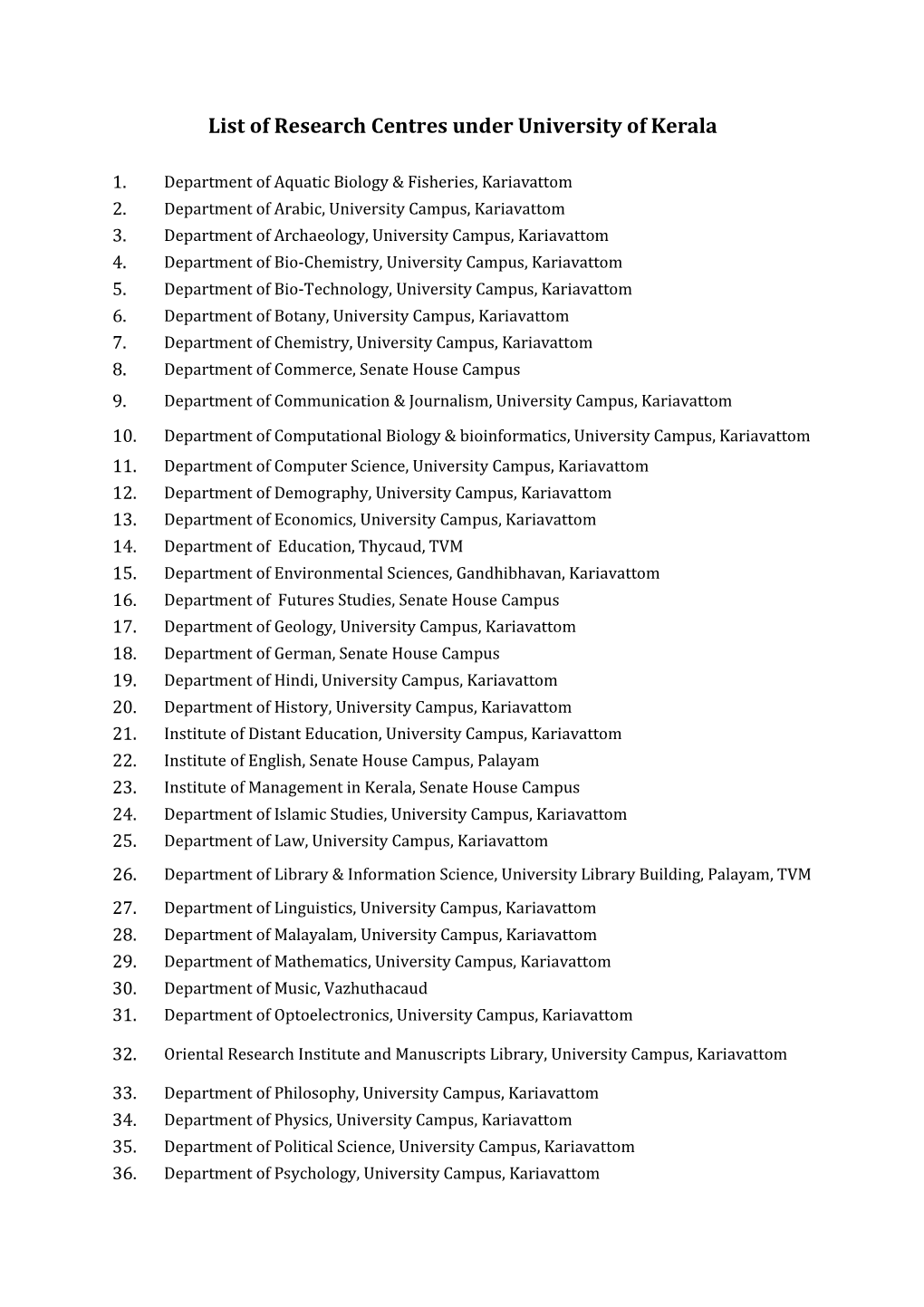 List of Research Centres Under University of Kerala