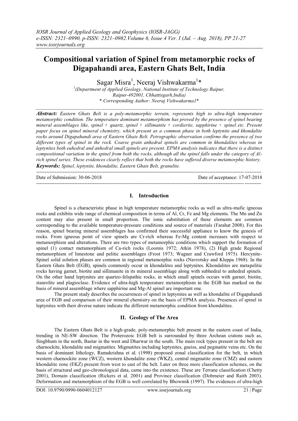 Compositional Variation of Spinel from Metamorphic Rocks of Digapahandi Area, Eastern Ghats Belt, India