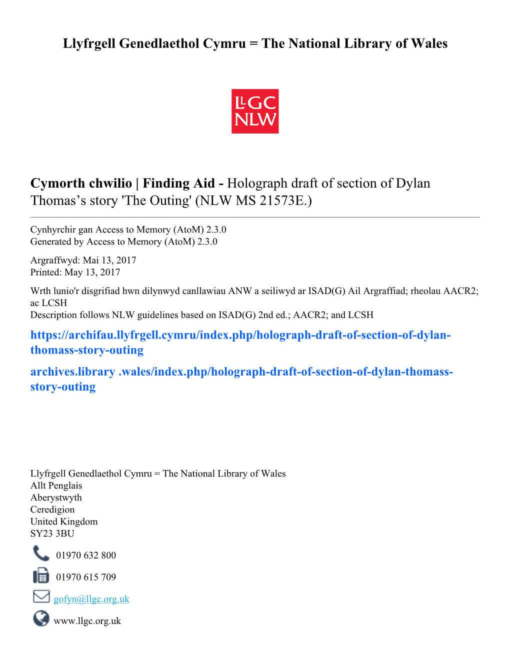 Holograph Draft of Section of Dylan Thomas’S Story 'The Outing' (NLW MS 21573E.)