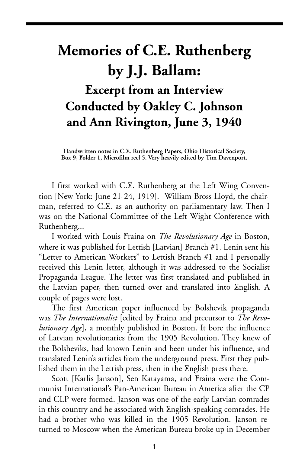 Memories of C.E. Ruthenberg by J.J. Ballam: Excerpt from an Interview Conducted by Oakley C