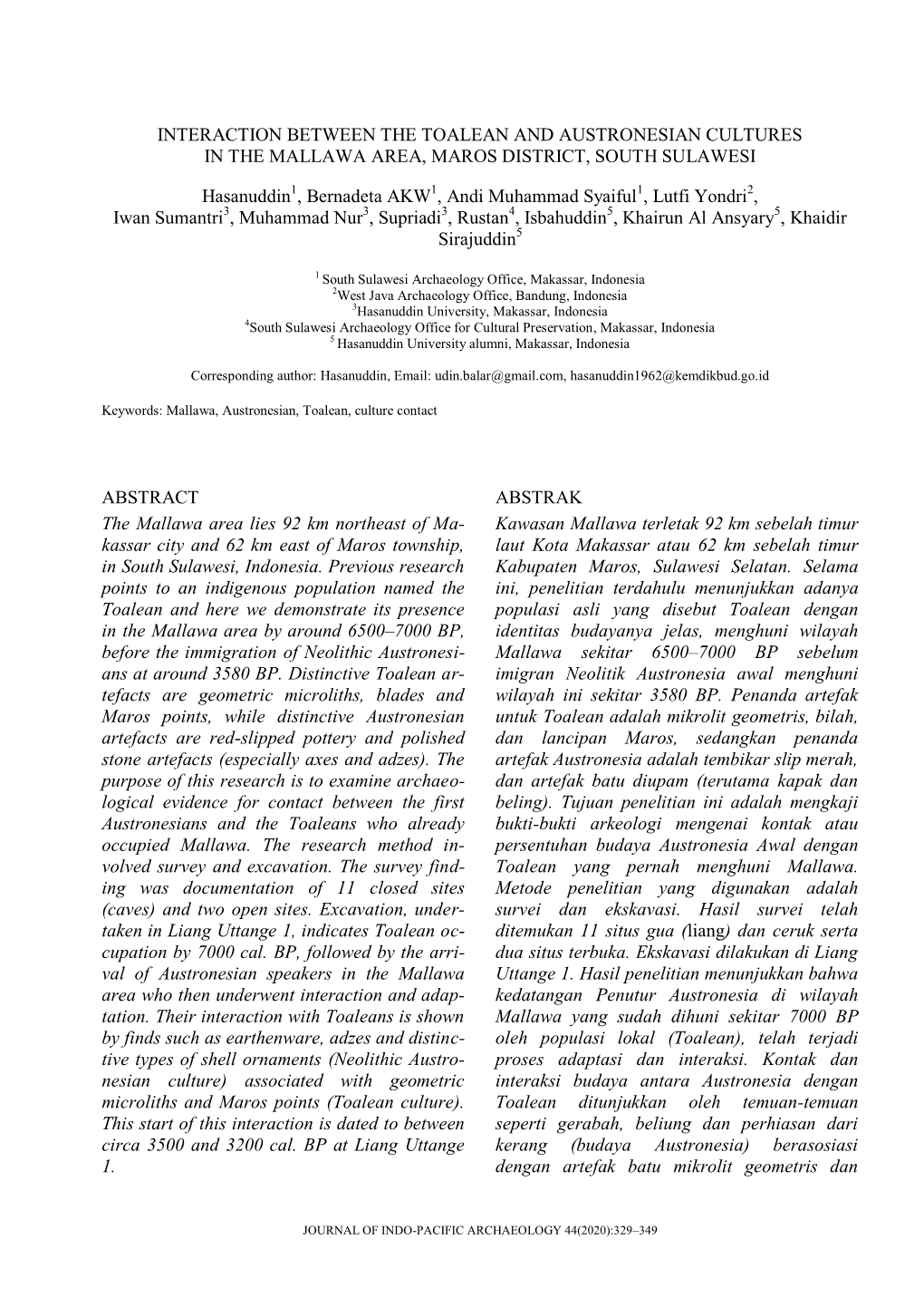 Interaction Between the Toalean and Austronesian Cultures in the Mallawa Area, Maros District, South Sulawesi