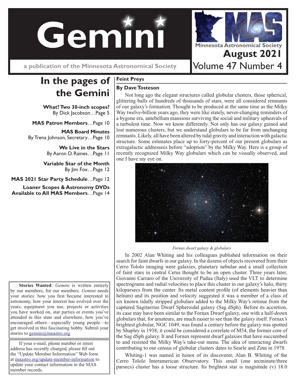 August 2021 Volume 47 Number 4 in the Pages of the Gemini