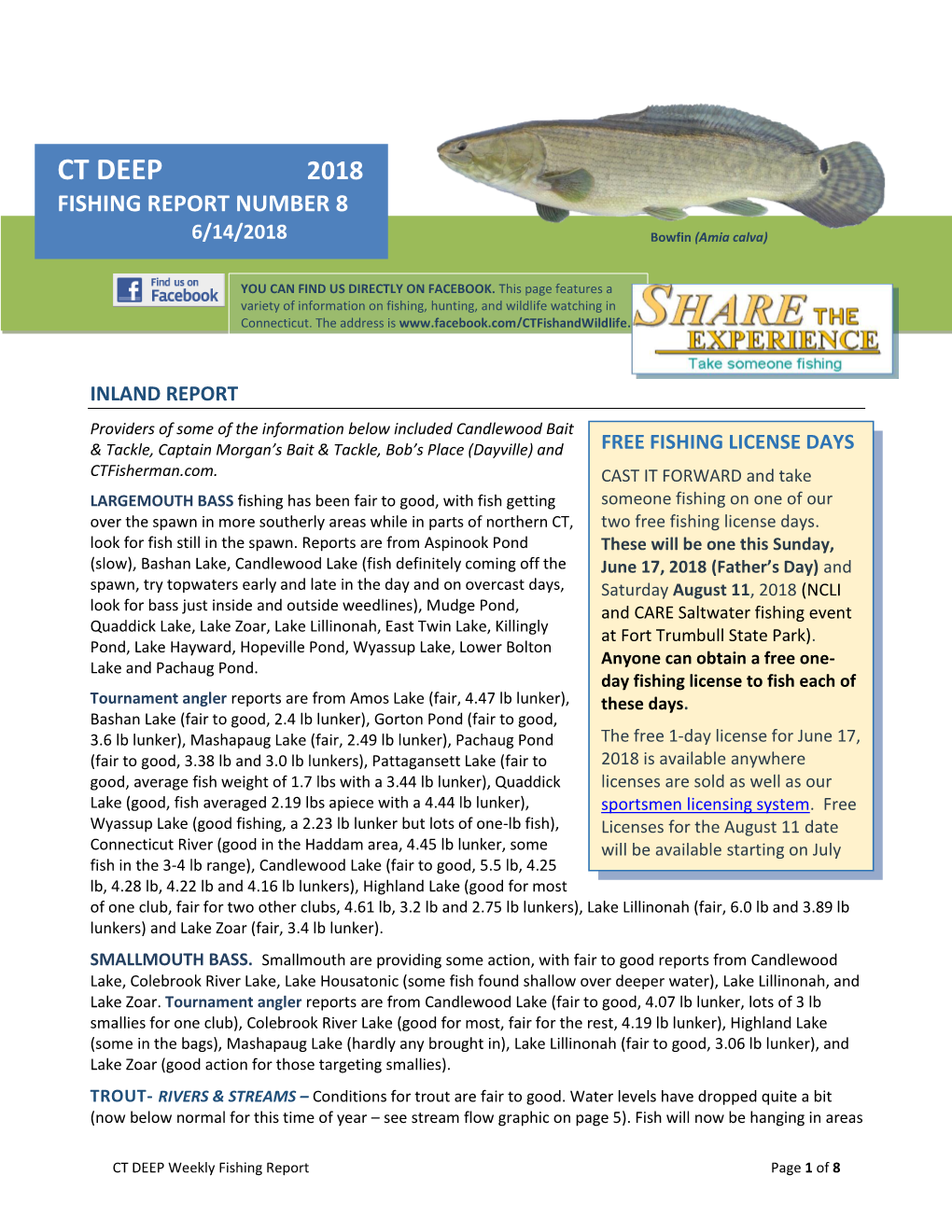 CT DEEP 2018 FISHING REPORT NUMBER 8 Channel Catfish (Ictalurus Punctatus) 6/14/2018 Bowfin (Amia Calva)