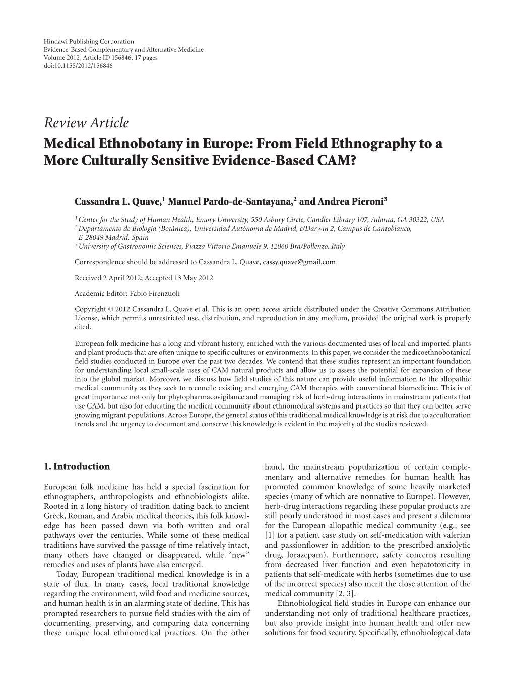 Review Article Medical Ethnobotany in Europe: from Field Ethnography to a More Culturally Sensitive Evidence-Based CAM?