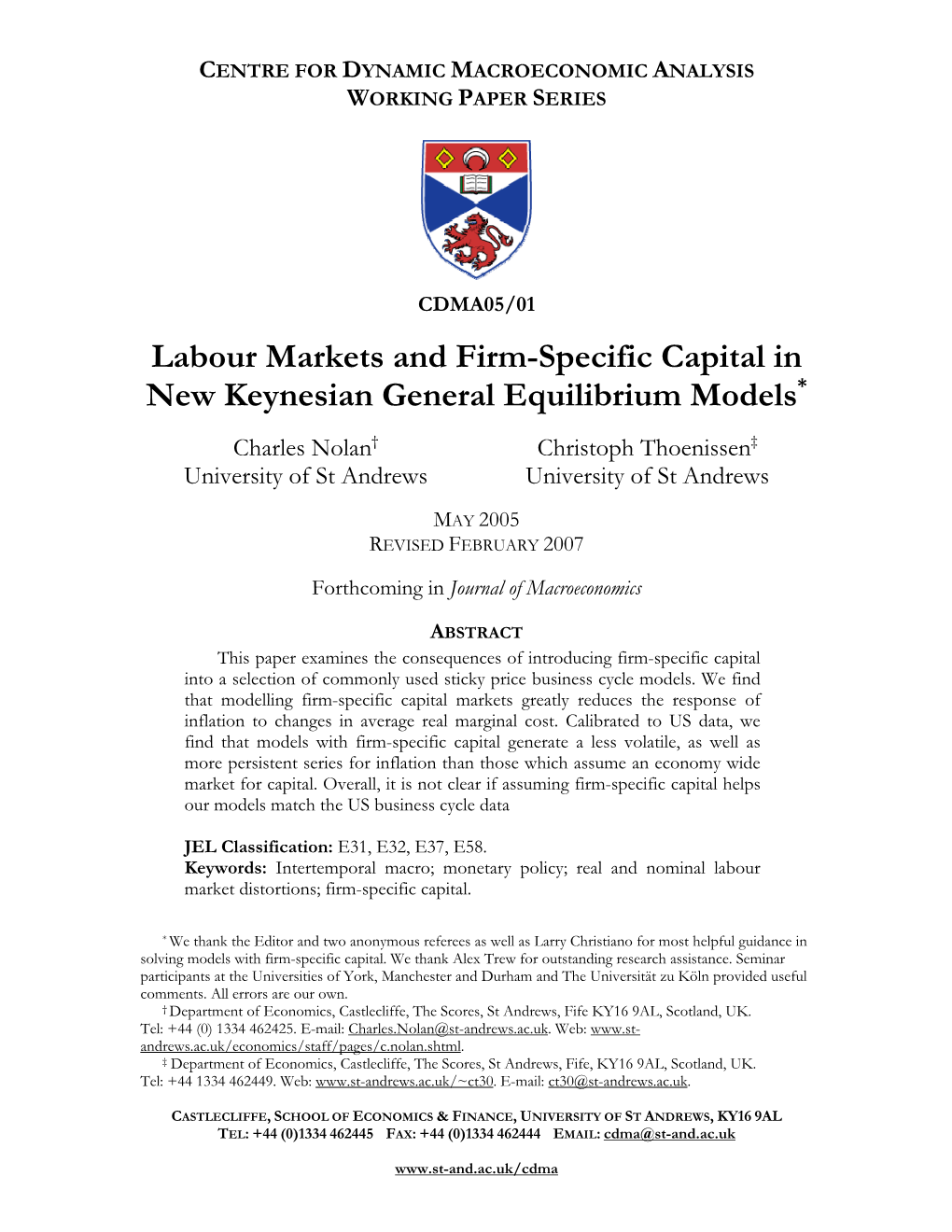 Labour Markets and Firm-Specific Capital in New Keynesian General Equilibrium Models*