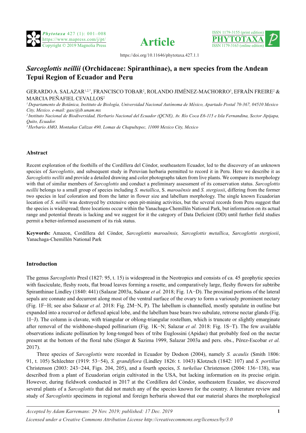 Sarcoglottis Neillii (Orchidaceae: Spiranthinae), a New Species from the Andean Tepui Region of Ecuador and Peru