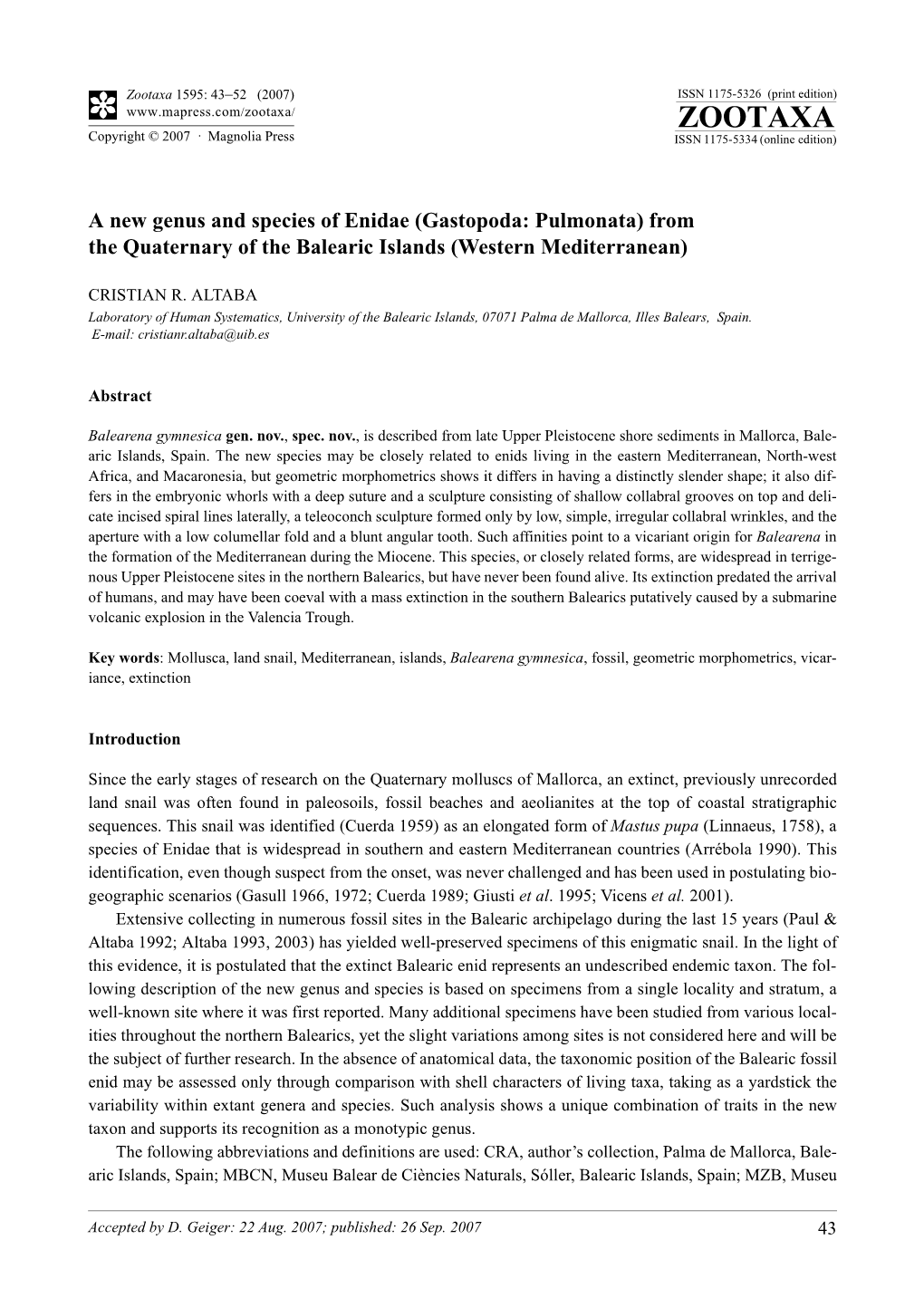 Zootaxa,A New Genus and Species of Enidae (Gastopoda: Pulmonata) From