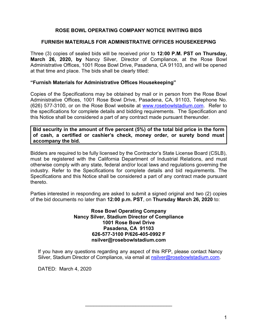 Rose Bowl Stadium Administrative Offices Housekeeping Bid Documents