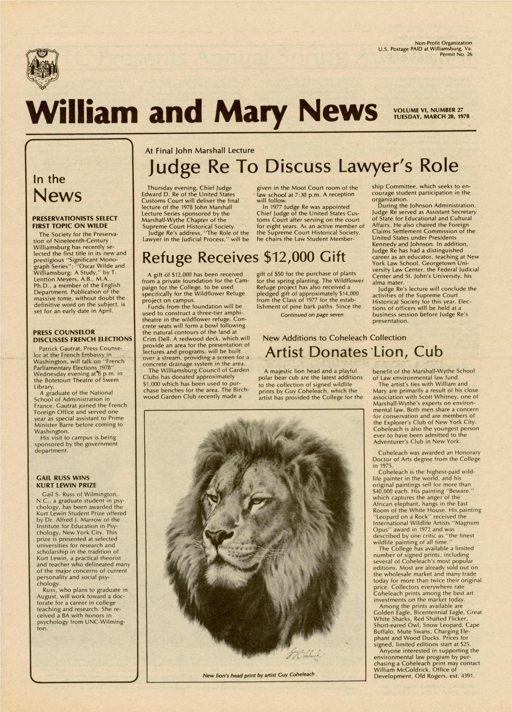 William and Mary News VOLUME VI, NUMBER 27
