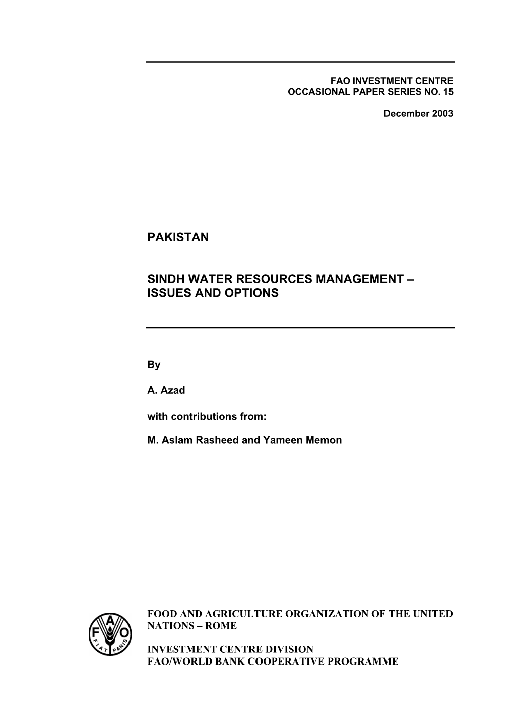 PAKISTAN: Sindh Water Resources Management – Issues and Options