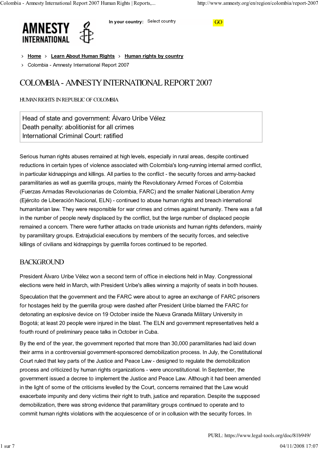 Colombia - Amnesty International Report 2007 Human Rights | Reports