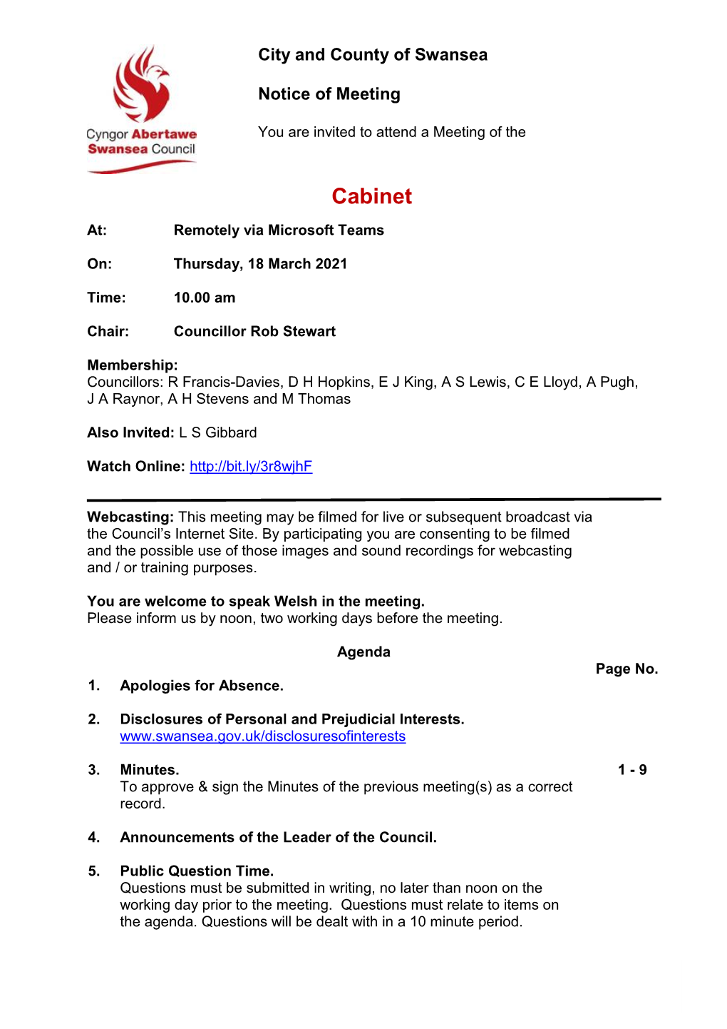 (Public Pack)Agenda Document for Cabinet, 18/03/2021 10:00