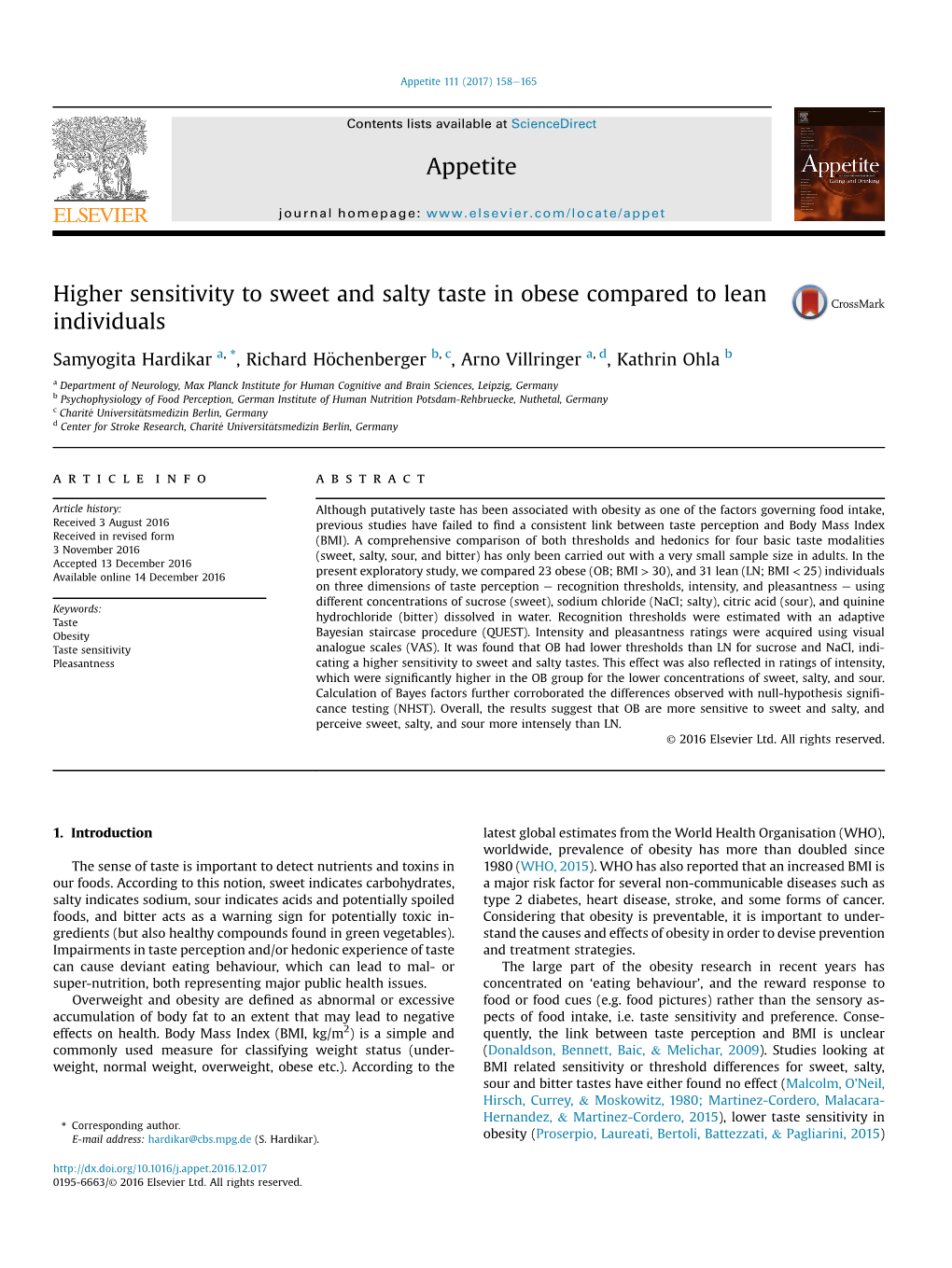 Higher Sensitivity to Sweet and Salty Taste in Obese Compared to Lean Individuals